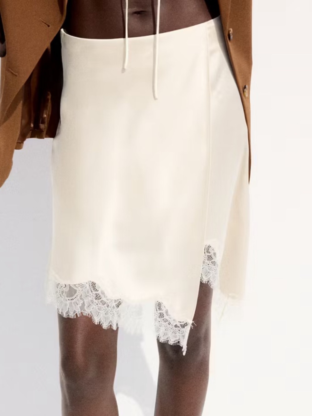 Mango Champagne Asymmetrical Satin Skirt with Lace Trim 4447